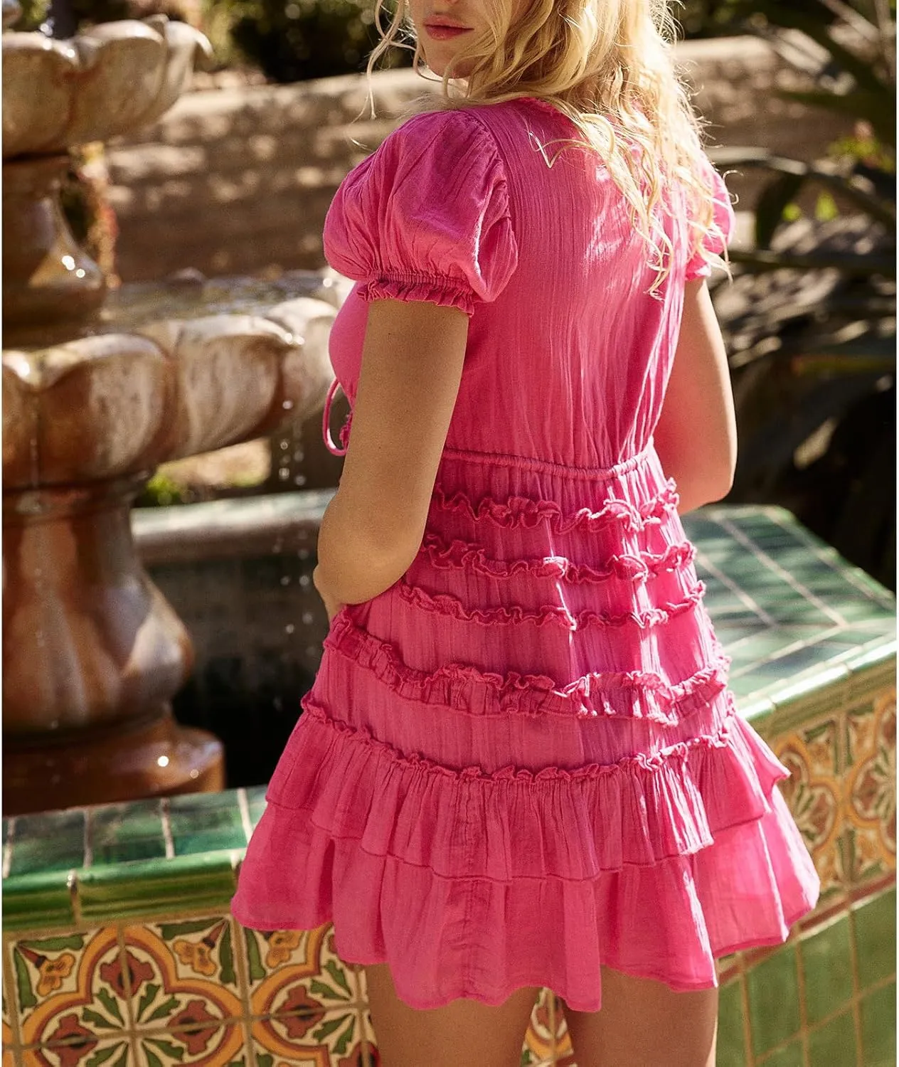 Women Boho Floral Puff Short Sleeve Smocked Ruffle Mini Dress Y2k Square Neck Backless Flowy Babydoll Dresses