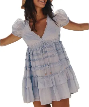 Women Boho Floral Puff Short Sleeve Smocked Ruffle Mini Dress Y2k Square Neck Backless Flowy Babydoll Dresses
