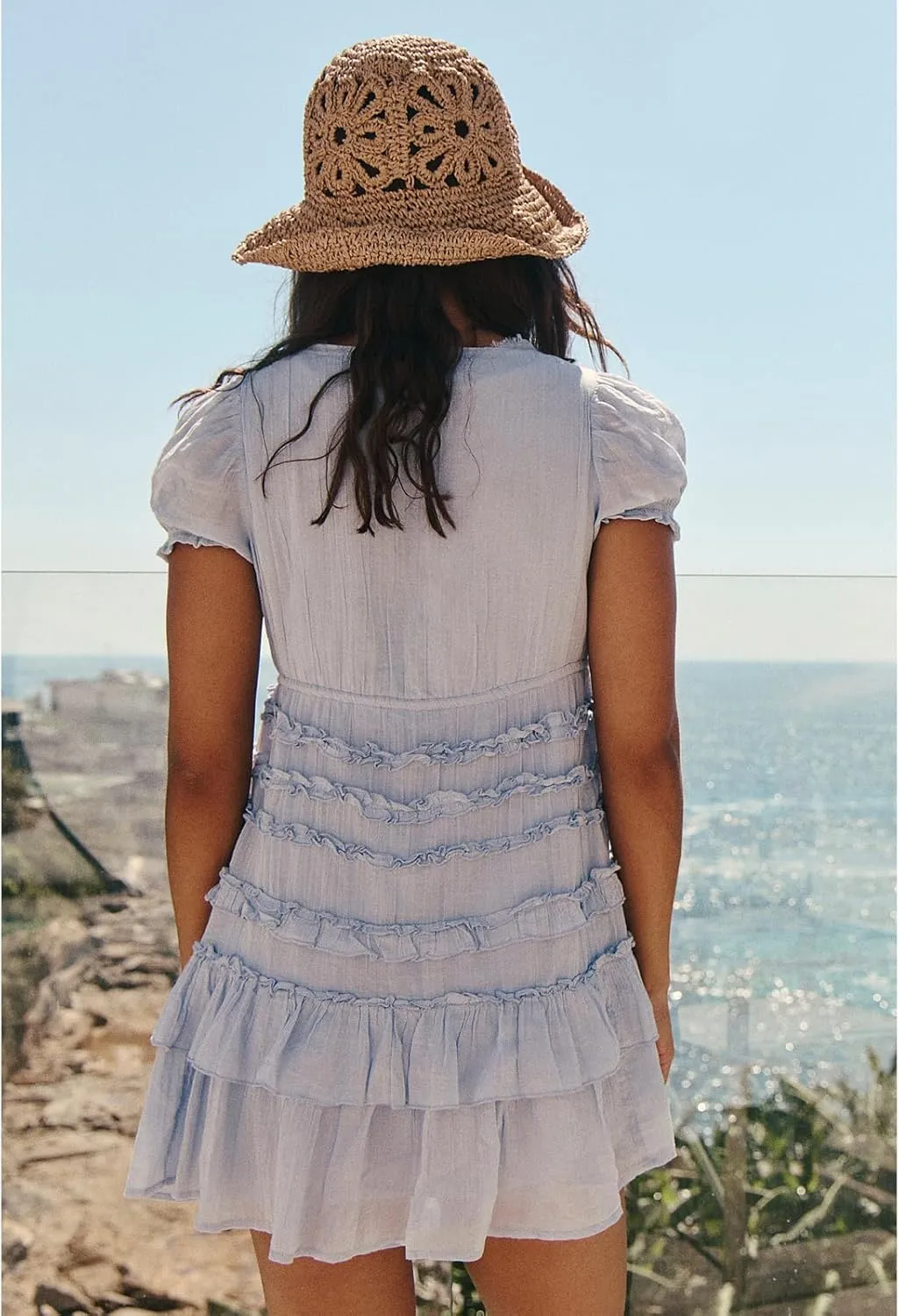 Women Boho Floral Puff Short Sleeve Smocked Ruffle Mini Dress Y2k Square Neck Backless Flowy Babydoll Dresses