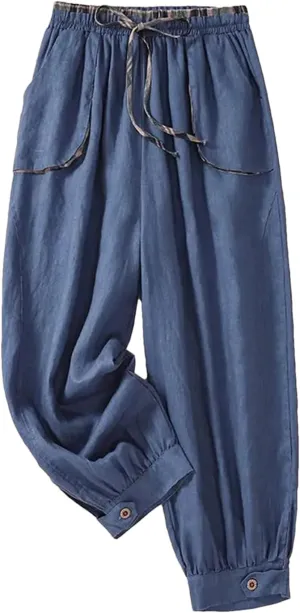 Women Casual Simple Style Pants Loose Comfortable Cotton Pants Ankle-Length Harem Pants