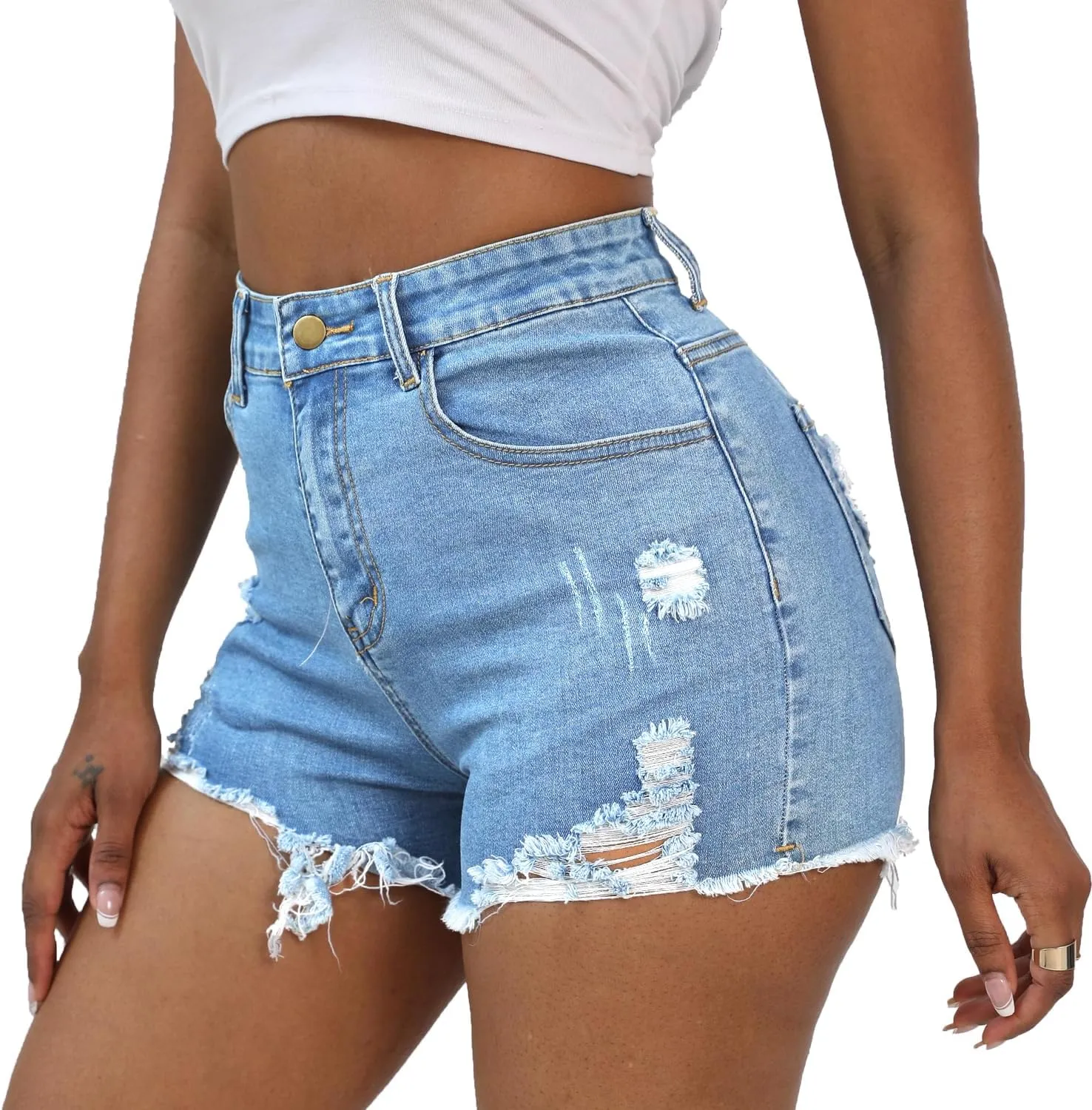 Women Distressed Stretchy Denim Shorts Junior Ripped Frayed Raw Hem Casual High Waisted Jeans Shorts