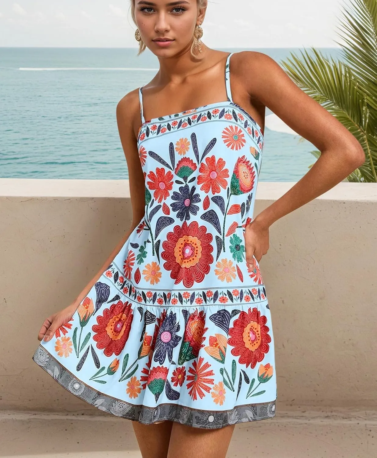 Women Floral Boho Flowy Mini Cami Dress Sleeveless Square Neck Ruffle Hem A Line Summer Vacation Beach Short Dress