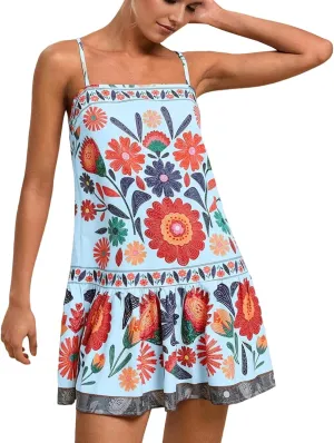 Women Floral Boho Flowy Mini Cami Dress Sleeveless Square Neck Ruffle Hem A Line Summer Vacation Beach Short Dress