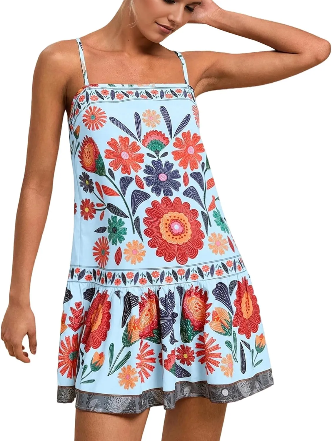 Women Floral Boho Flowy Mini Cami Dress Sleeveless Square Neck Ruffle Hem A Line Summer Vacation Beach Short Dress