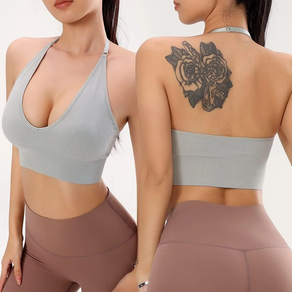 Women Halter Bra Top Yoga Bralette Crop Tanks Workout Sports Bras V Neck with Adjustable Strap Seamless Padded