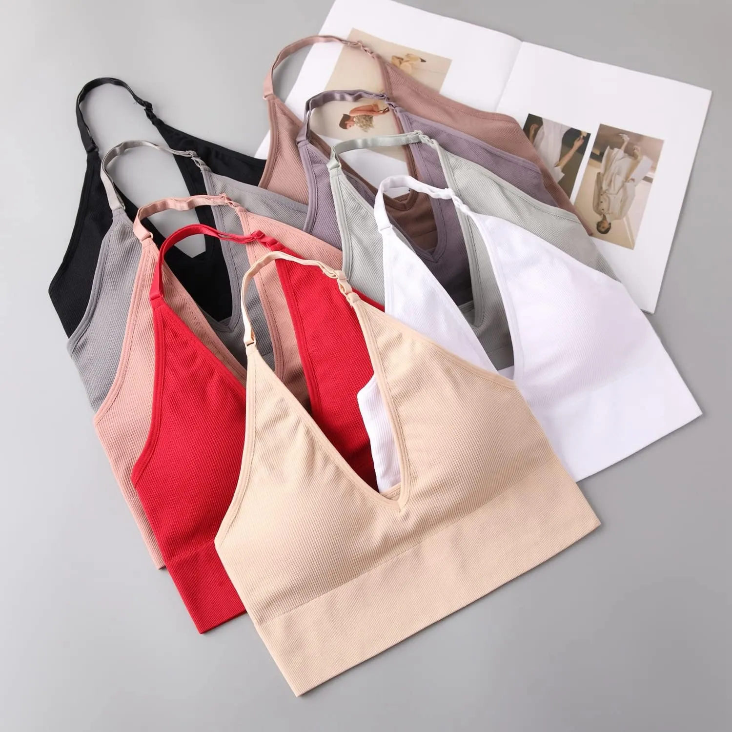 Women Halter Bra Top Yoga Bralette Crop Tanks Workout Sports Bras V Neck with Adjustable Strap Seamless Padded