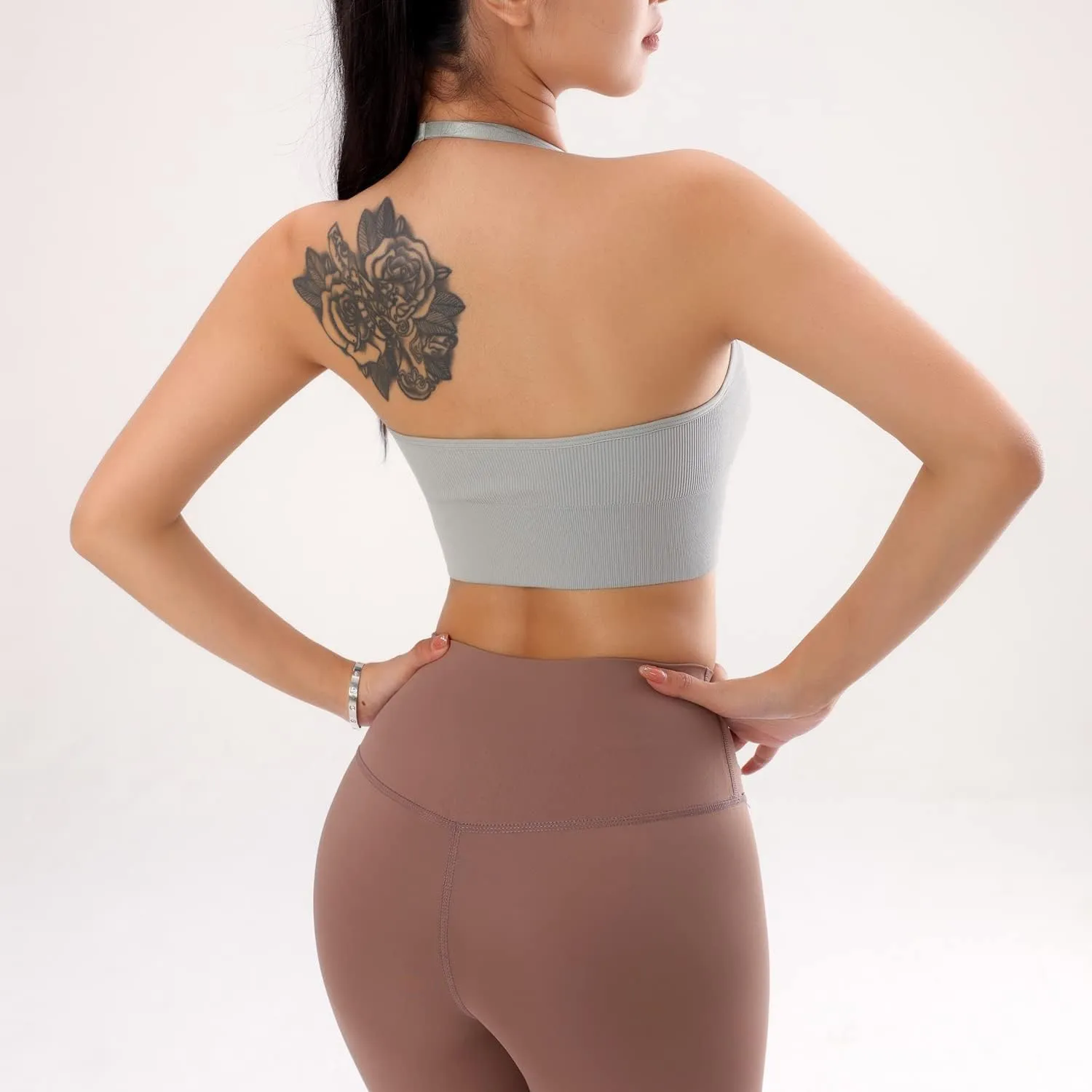 Women Halter Bra Top Yoga Bralette Crop Tanks Workout Sports Bras V Neck with Adjustable Strap Seamless Padded