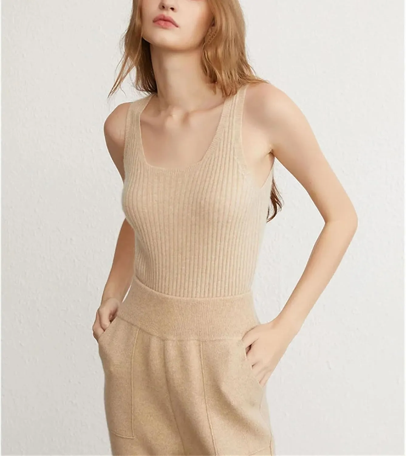 Women Ribbed Tanks Cashmere Elastic Tank Top Cami Square Neck Knit Camis Feminine All-Match Camisole