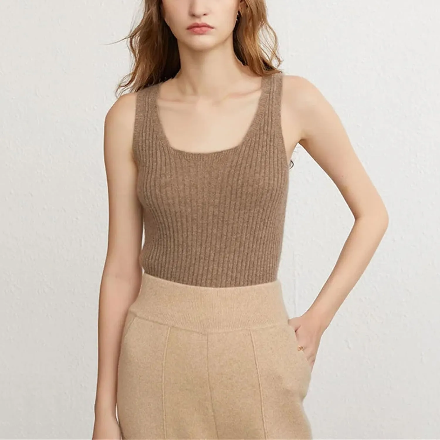 Women Ribbed Tanks Cashmere Elastic Tank Top Cami Square Neck Knit Camis Feminine All-Match Camisole
