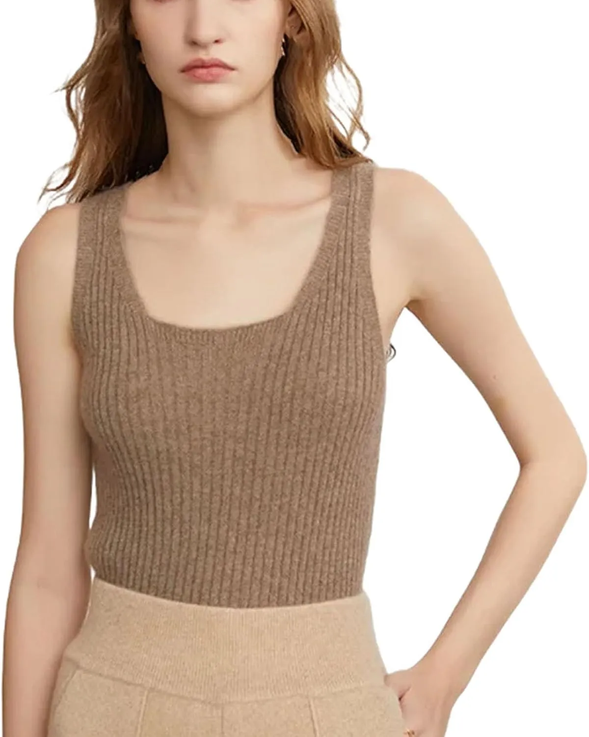Women Ribbed Tanks Cashmere Elastic Tank Top Cami Square Neck Knit Camis Feminine All-Match Camisole