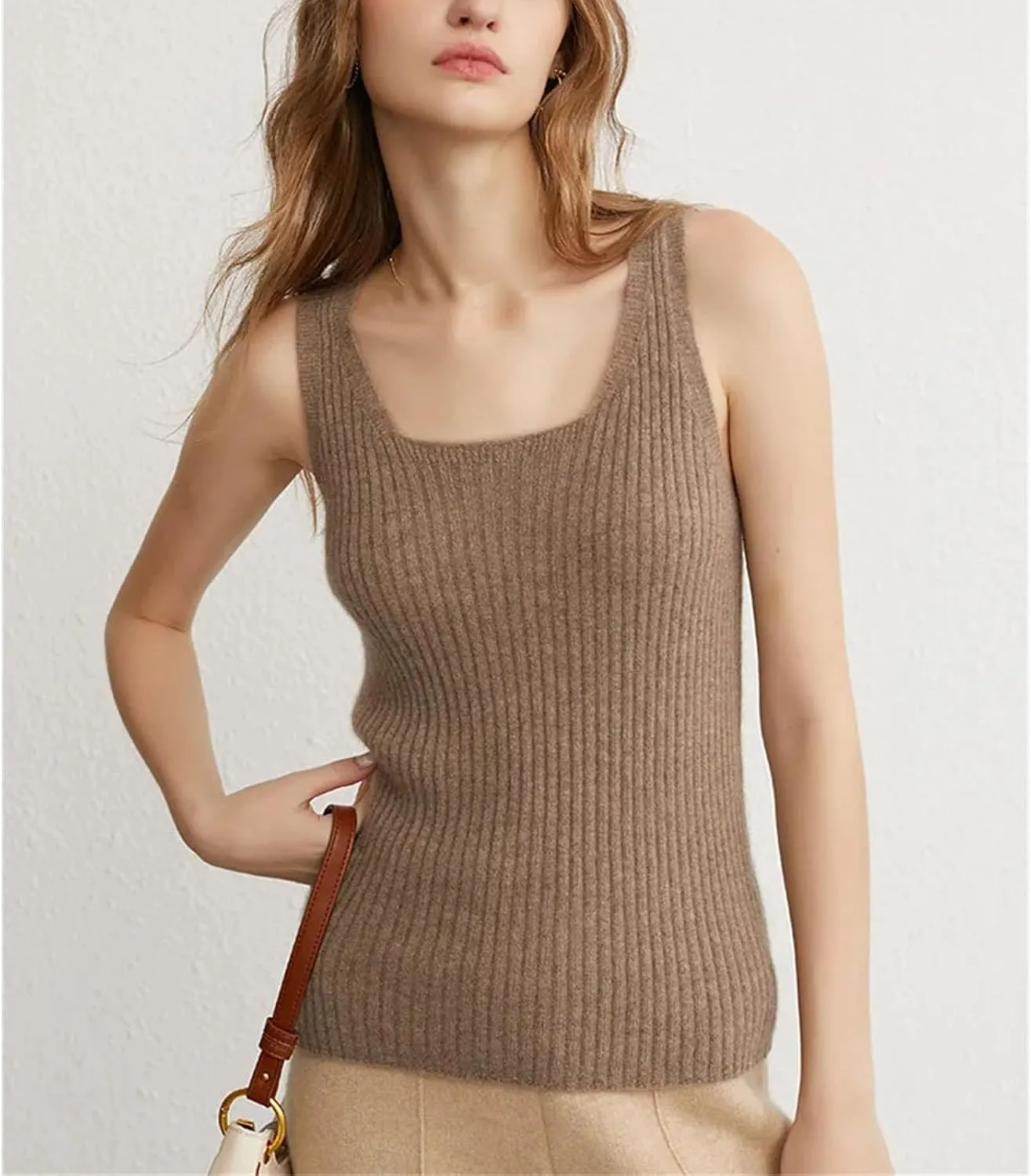 Women Ribbed Tanks Cashmere Elastic Tank Top Cami Square Neck Knit Camis Feminine All-Match Camisole