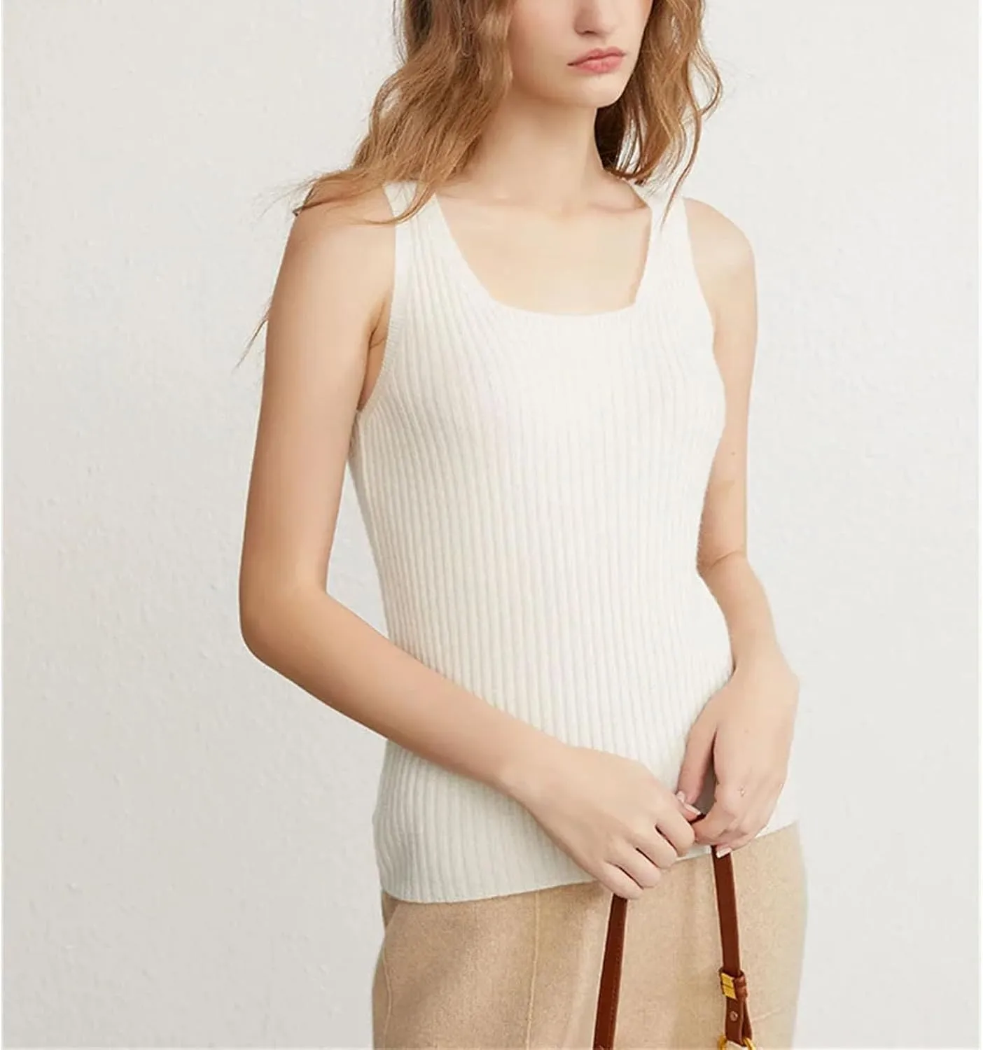 Women Ribbed Tanks Cashmere Elastic Tank Top Cami Square Neck Knit Camis Feminine All-Match Camisole