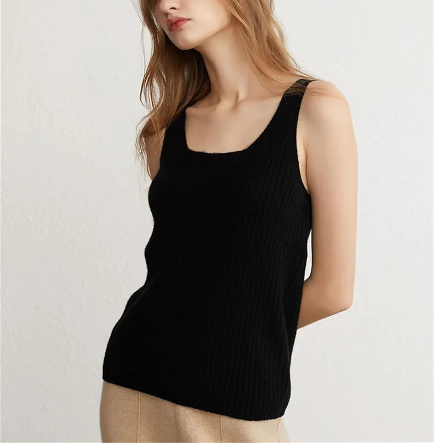 Women Ribbed Tanks Cashmere Elastic Tank Top Cami Square Neck Knit Camis Feminine All-Match Camisole