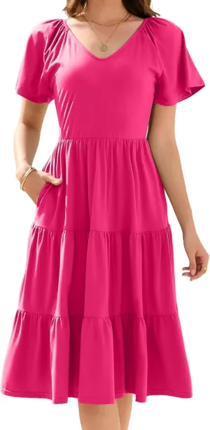 Women Spring Summer Dress 2025 Short Sleeve V Neck Midi Dresses Breathable Cotton Casual Boho Beach Vacation Sundress