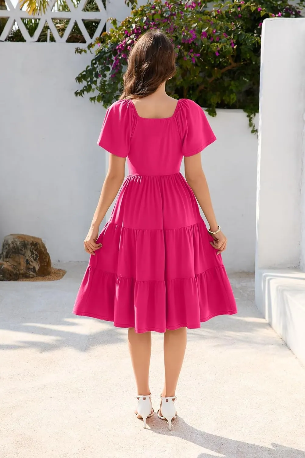 Women Spring Summer Dress 2025 Short Sleeve V Neck Midi Dresses Breathable Cotton Casual Boho Beach Vacation Sundress