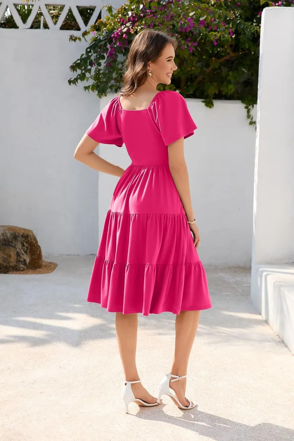 Women Spring Summer Dress 2025 Short Sleeve V Neck Midi Dresses Breathable Cotton Casual Boho Beach Vacation Sundress