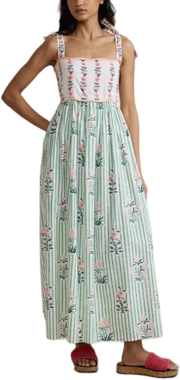 Women Strapless Going Out Long Dress Adjustable Strap Shirred Chest Maxi Boho Dress