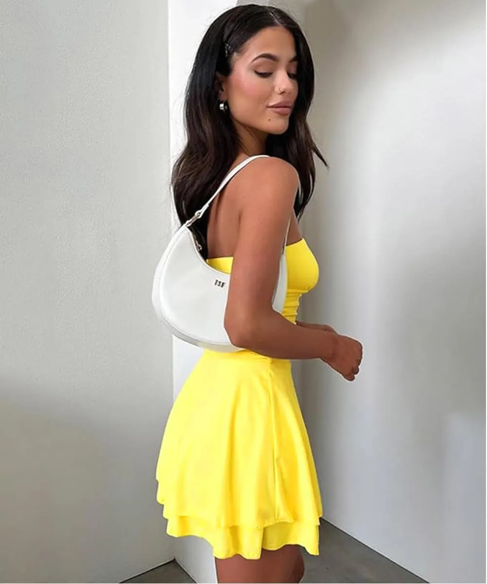 Women Strapless Tube Mini Dress Sexy Sleeveless Tiered Ruffled Hem Ruched Short Bodycon Dress Flowy Summer Y2K Dress