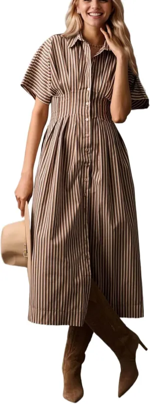Women Striped Button Down Pleated Shirt Dress Summer Short Sleeve Ruffle A Line Swing Long Blouse Midi Long Dress