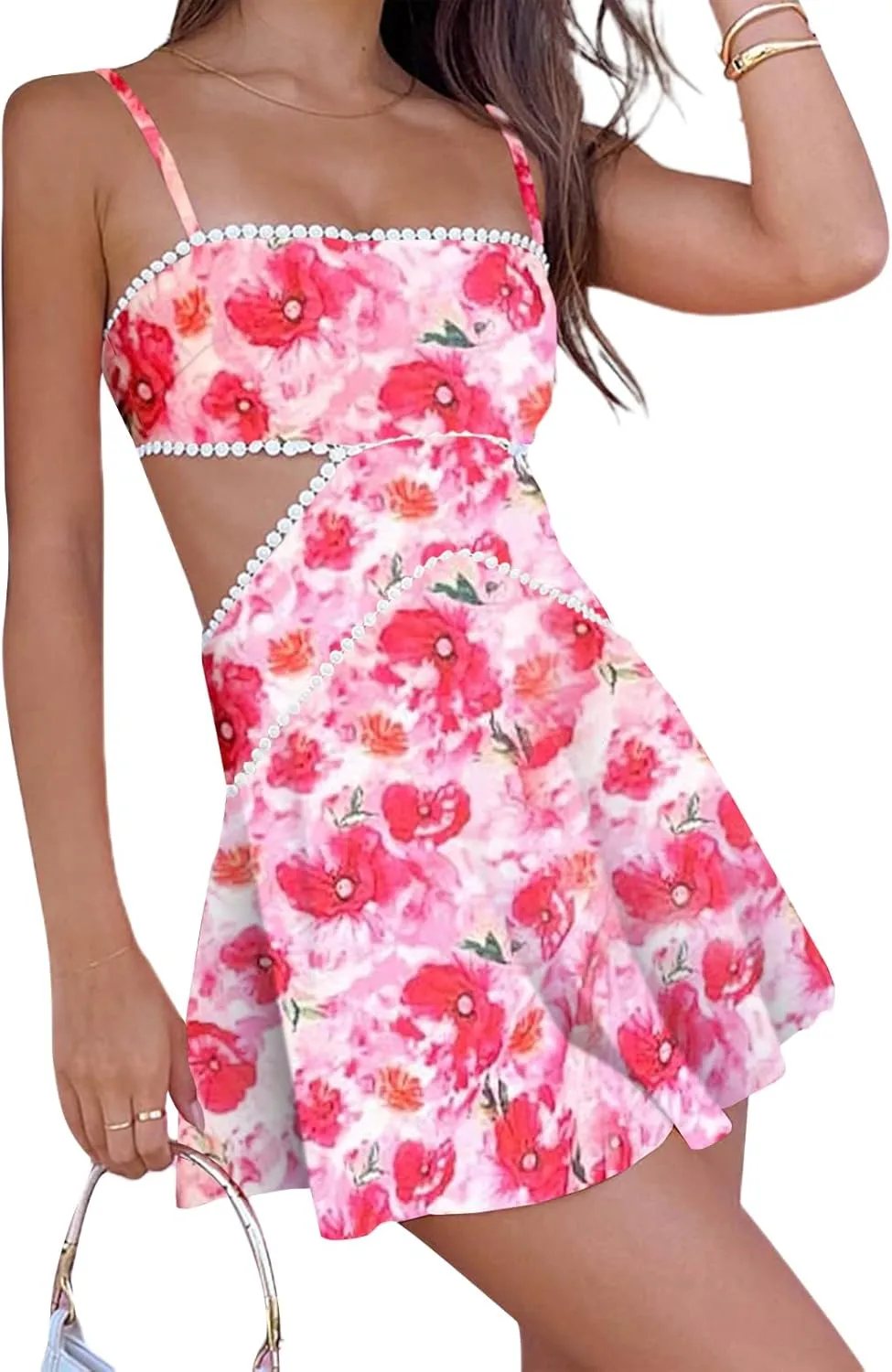 Women Summer Boho Floral Mini Cami Dress Spaghetti Strap Flowy Short Sling Dress Sleeveless Low Cut Holiday Sundress