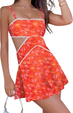 Women Summer Boho Floral Mini Cami Dress Spaghetti Strap Flowy Short Sling Dress Sleeveless Low Cut Holiday Sundress