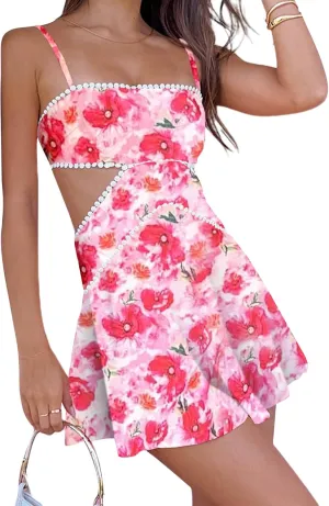 Women Summer Boho Floral Mini Cami Dress Spaghetti Strap Flowy Short Sling Dress Sleeveless Low Cut Holiday Sundress
