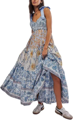Women Summer Maxi Dress Floral Smocked Shirred Long Dress Boho Sleeveless Tie Shoulder Sundress