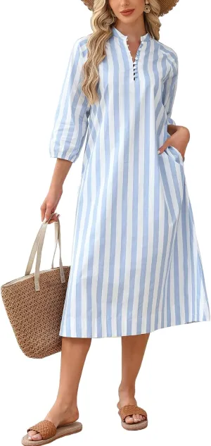 Women Summer Striped Button Down Long Maxi Dress Loose Fit 3/4 Sleeve Cotton Caftan Shirt Dress with Pocket