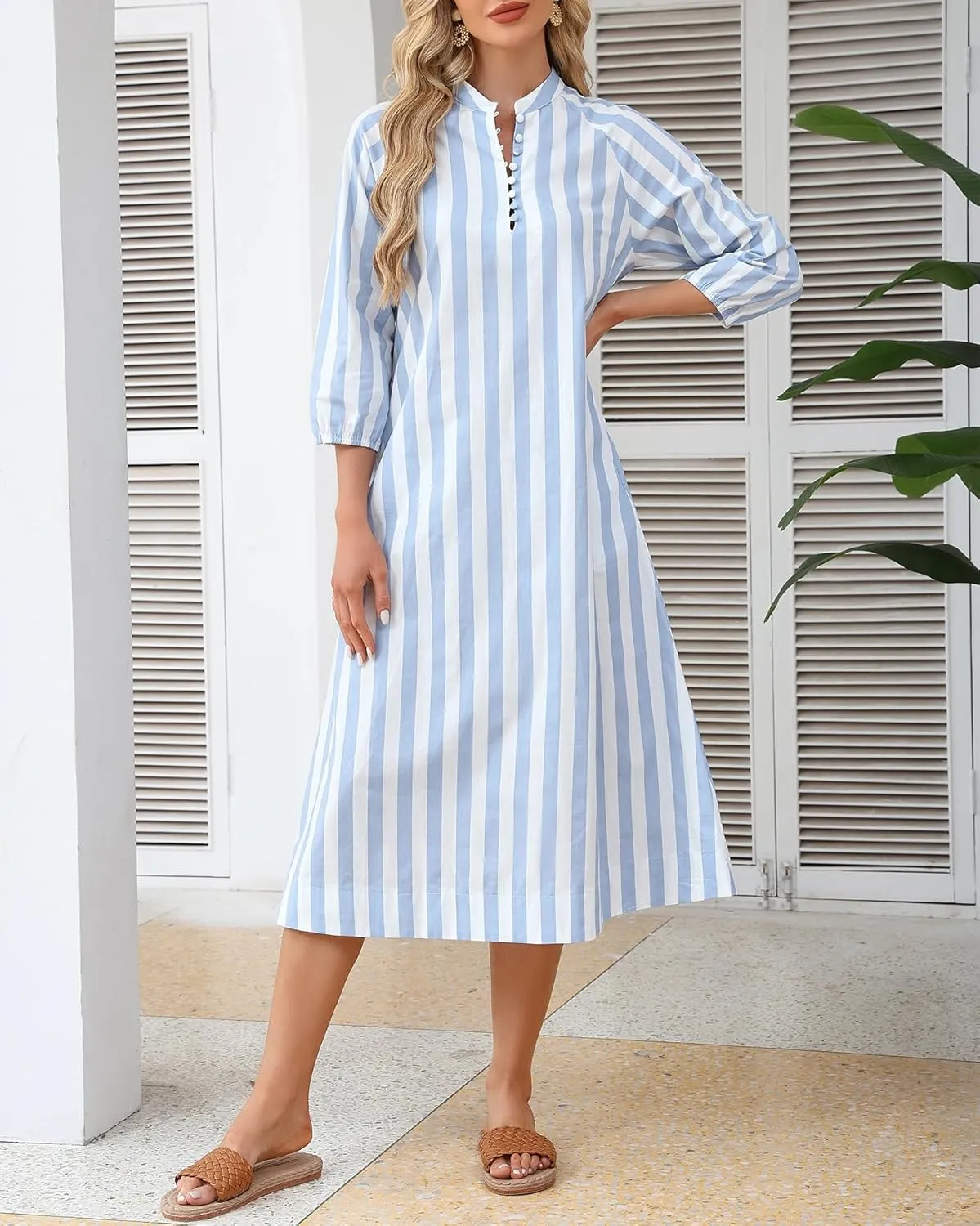Women Summer Striped Button Down Long Maxi Dress Loose Fit 3/4 Sleeve Cotton Caftan Shirt Dress with Pocket