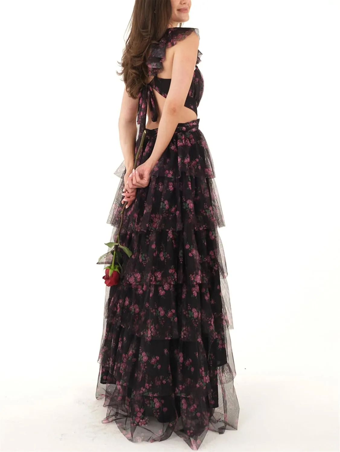 Women Y2k Boho Floral Maxi Dress Sleeveless Ruffle Ruched Backless Tie Tiered Flowy Long Sundress Summer Streetwear