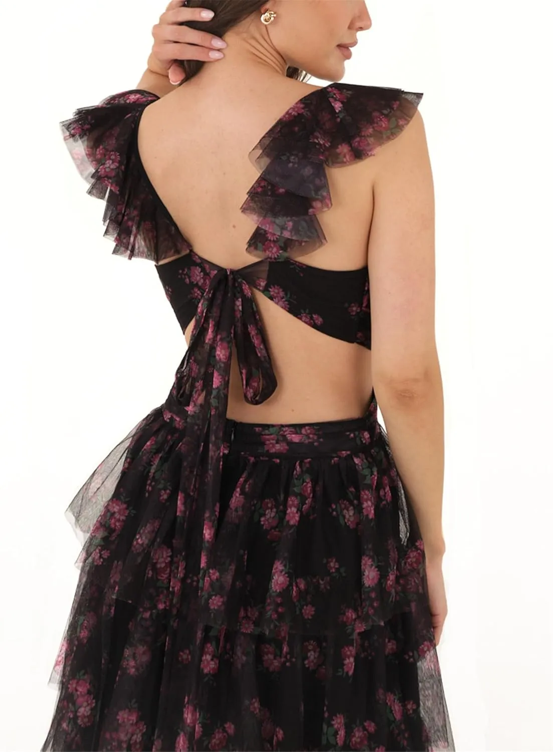 Women Y2k Boho Floral Maxi Dress Sleeveless Ruffle Ruched Backless Tie Tiered Flowy Long Sundress Summer Streetwear