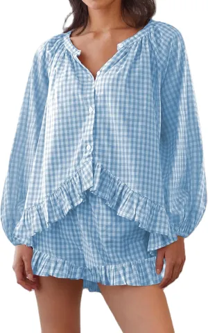 Women Y2K Plaid Pajama Sets Short Sleeve Ruffle Babydoll Shirt Elastic Waist Shorts Cute Gingham 2 Piece Sets