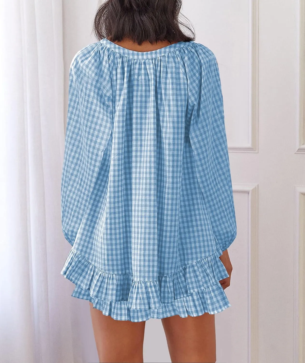 Women Y2K Plaid Pajama Sets Short Sleeve Ruffle Babydoll Shirt Elastic Waist Shorts Cute Gingham 2 Piece Sets