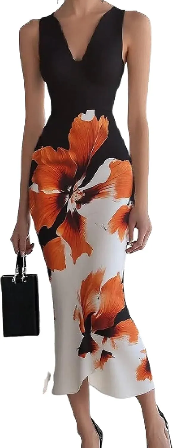 Women's 2025 Summer Sexy Bodycon Maxi Dress Boho Floral Print Elegant V Neck Formal Cocktail Wedding Guest Dresses