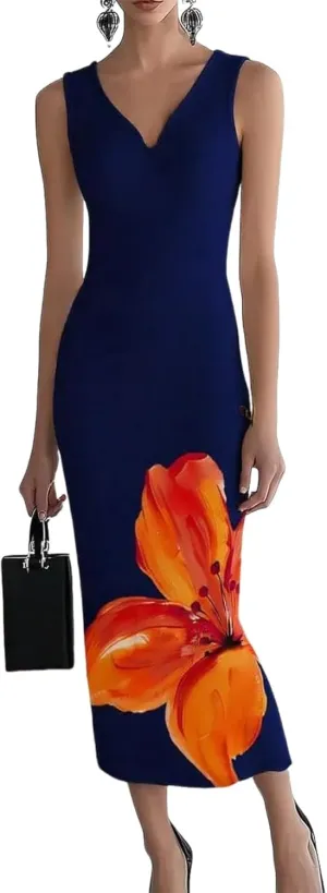Women's 2025 Summer Sexy Bodycon Maxi Dress Boho Floral Print Elegant V Neck Formal Cocktail Wedding Guest Dresses