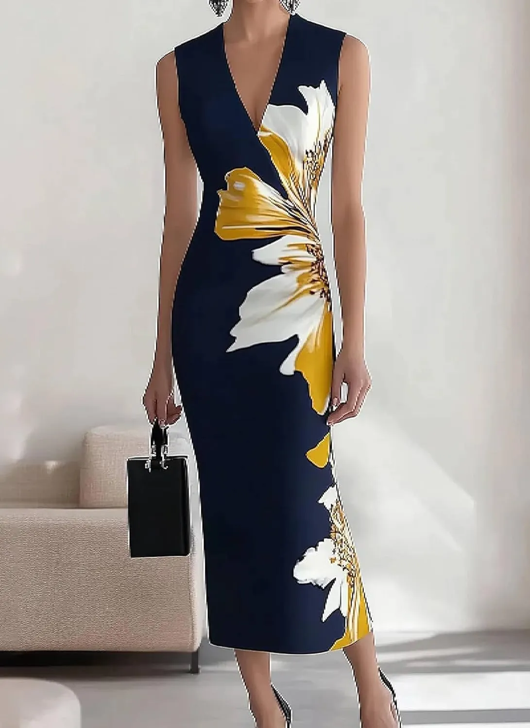 Women's 2025 Summer Sexy Bodycon Maxi Dress Boho Floral Print Elegant V Neck Formal Cocktail Wedding Guest Dresses