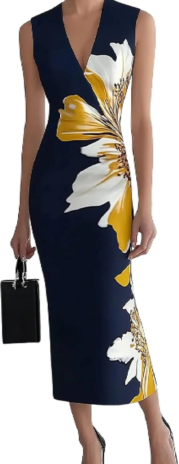 Women's 2025 Summer Sexy Bodycon Maxi Dress Boho Floral Print Elegant V Neck Formal Cocktail Wedding Guest Dresses