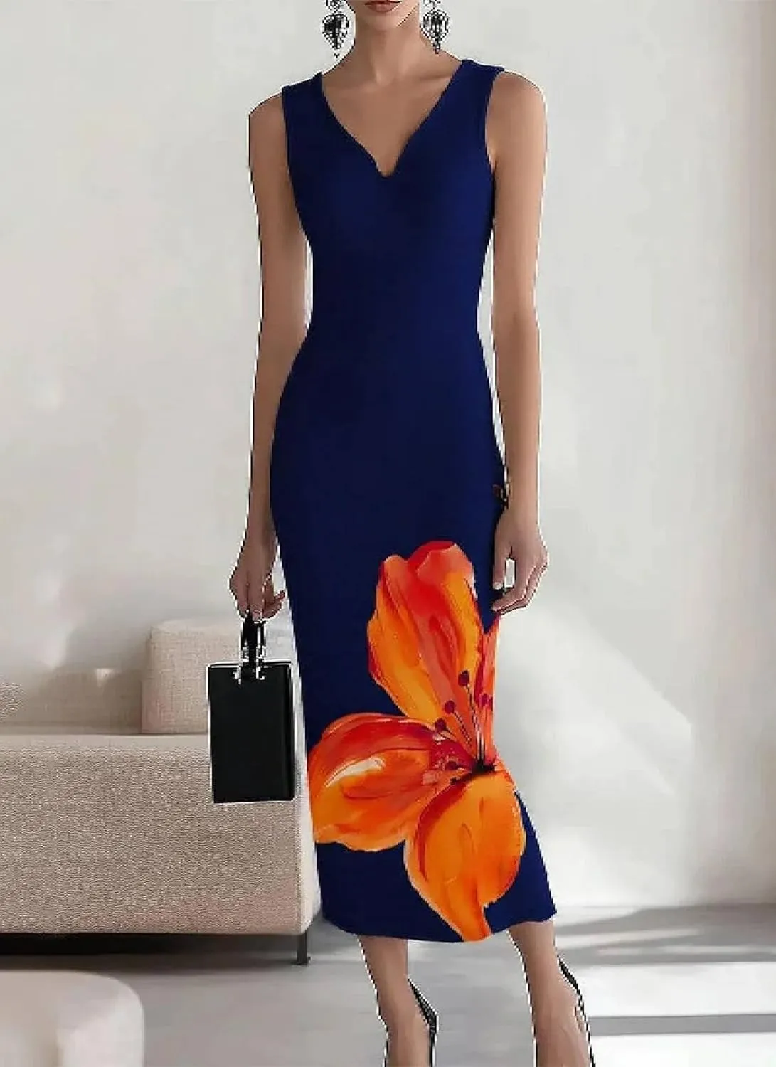 Women's 2025 Summer Sexy Bodycon Maxi Dress Boho Floral Print Elegant V Neck Formal Cocktail Wedding Guest Dresses