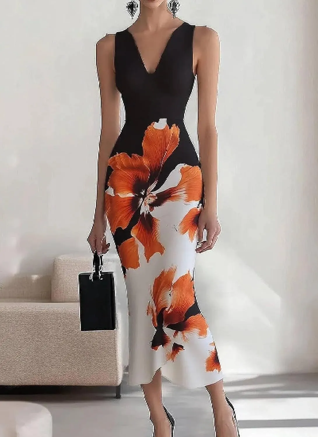 Women's 2025 Summer Sexy Bodycon Maxi Dress Boho Floral Print Elegant V Neck Formal Cocktail Wedding Guest Dresses