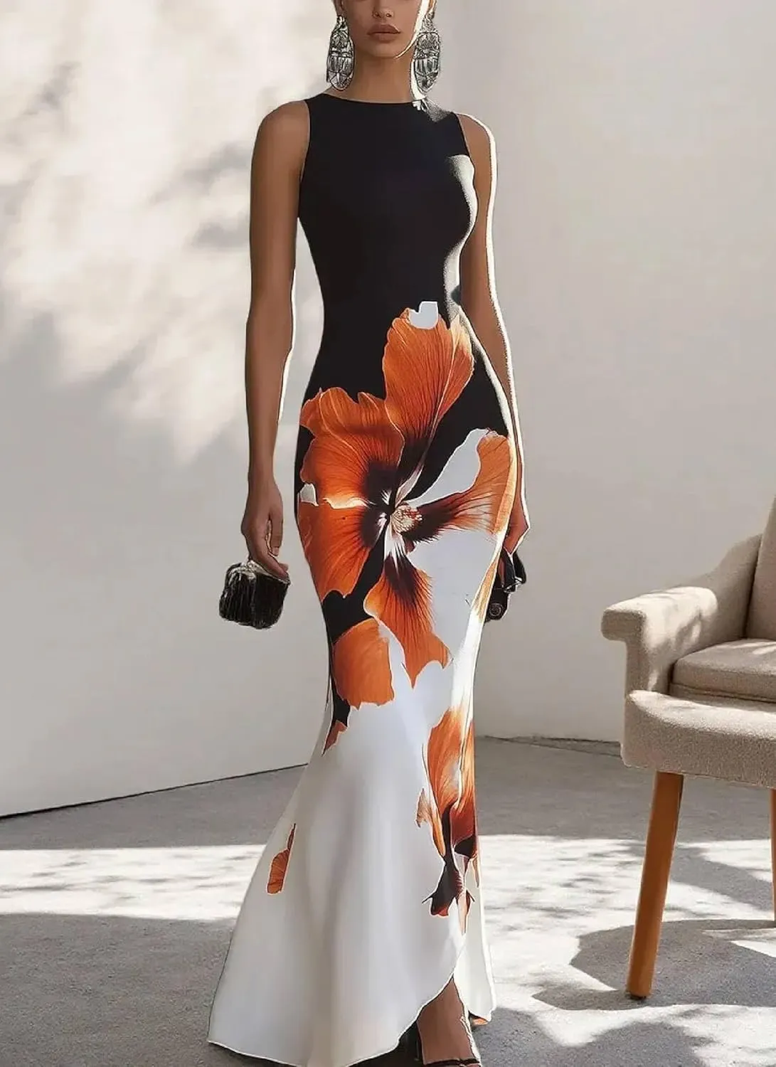 Women's 2025 Summer Sexy Bodycon Maxi Dress Boho Floral Print Elegant V Neck Formal Cocktail Wedding Guest Dresses