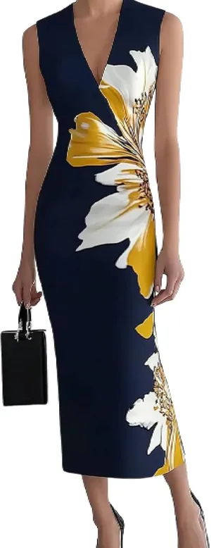 Women's 2025 Summer Sexy Bodycon Maxi Dress Boho Floral Print Elegant V Neck Formal Cocktail Wedding Guest Dresses