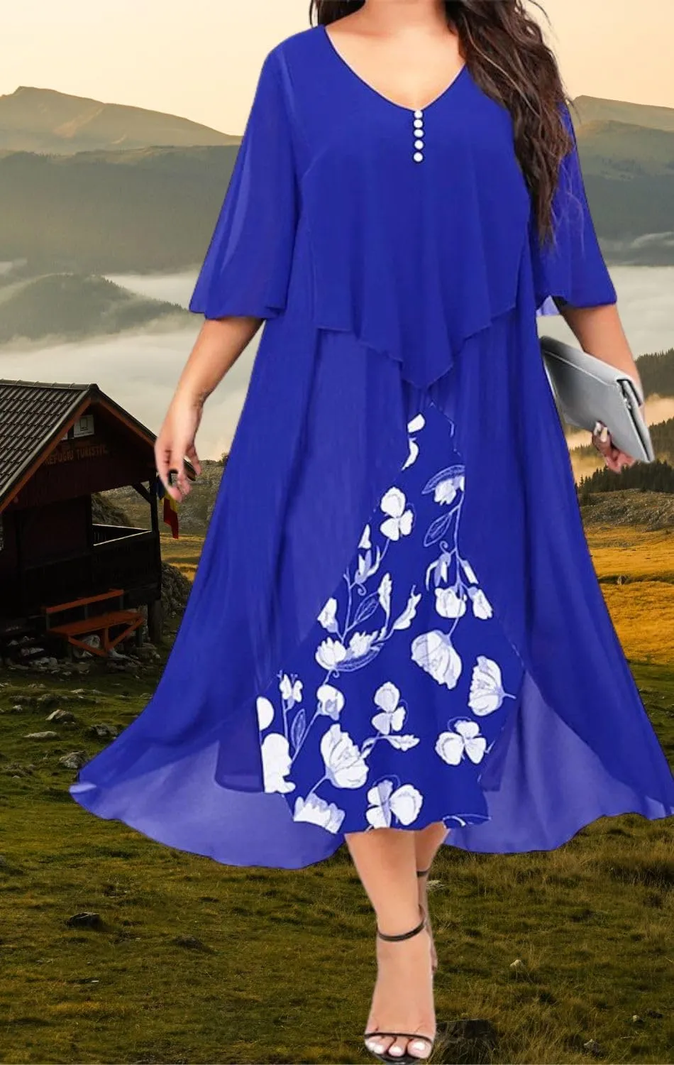 Women's 3/4 Sleeve Dating A Line Dress Business V Neck Sundress Sexy Loose Fit Midi Dress