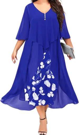 Women's 3/4 Sleeve Dating A Line Dress Business V Neck Sundress Sexy Loose Fit Midi Dress