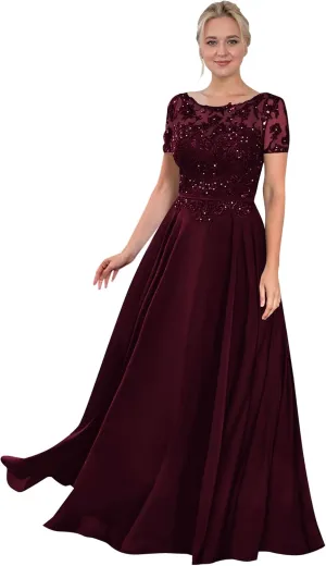 Women's Beaded Lace Chiffon Mother of The Bride Dresses for Wedding Short Sleeve Long Formal Evening Gowns