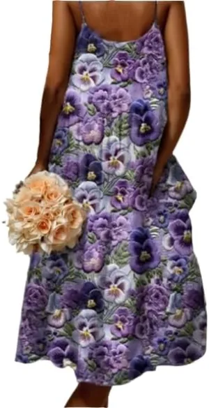 Women's Bohemian Spaghetti Strap Sleeveless Dress Loose Casual Vintage Floral Print Flowy Scoop Neck Maxi Long Dresses