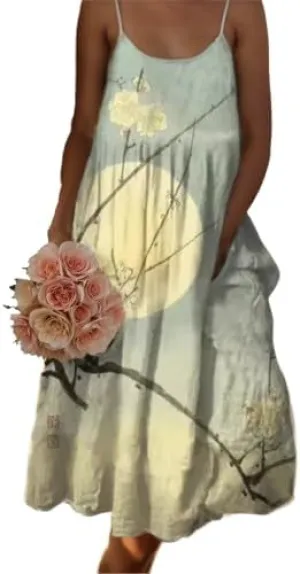 Women's Bohemian Spaghetti Strap Sleeveless Dress Loose Casual Vintage Floral Print Flowy Scoop Neck Maxi Long Dresses
