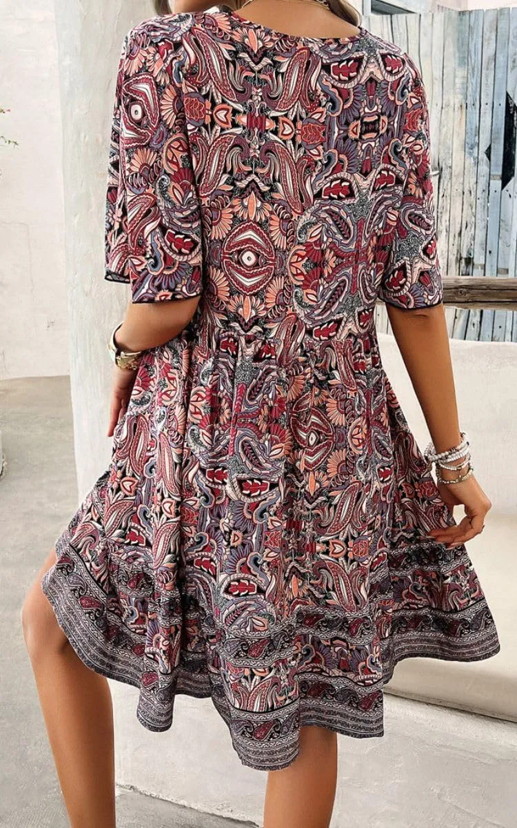 Women's Boho Floral Printed Lace Dress Loose V-Neck Summer Casual Beach Flowy Ruffle Sleeve Babydoll Dress