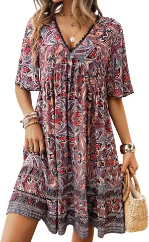 Women's Boho Floral Printed Lace Dress Loose V-Neck Summer Casual Beach Flowy Ruffle Sleeve Babydoll Dress