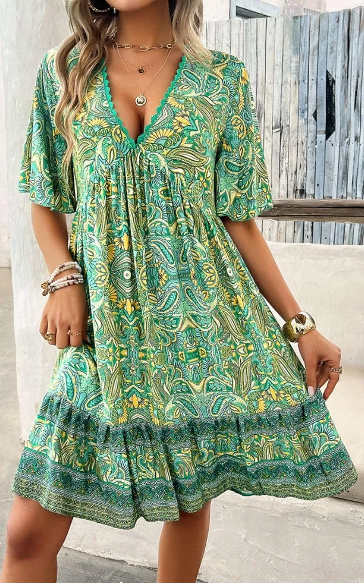 Women's Boho Floral Printed Lace Dress Loose V-Neck Summer Casual Beach Flowy Ruffle Sleeve Babydoll Dress