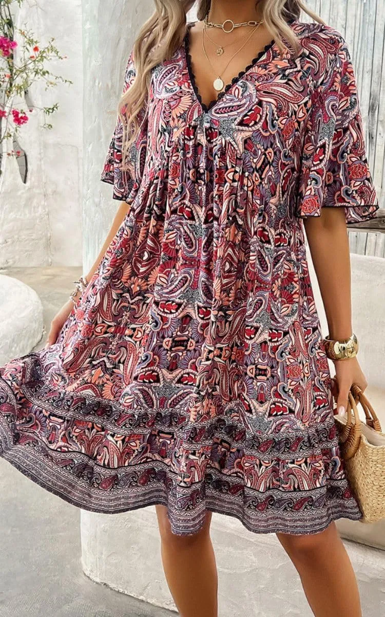Women's Boho Floral Printed Lace Dress Loose V-Neck Summer Casual Beach Flowy Ruffle Sleeve Babydoll Dress